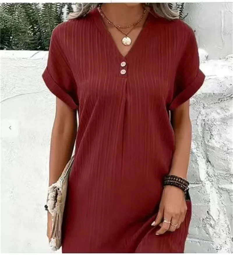 Elegant Two Buttons Decoration V Neck Pullover Dresses Women Solid Color Short Sleeve Dress Summer Female Daily Casual Mini Gown