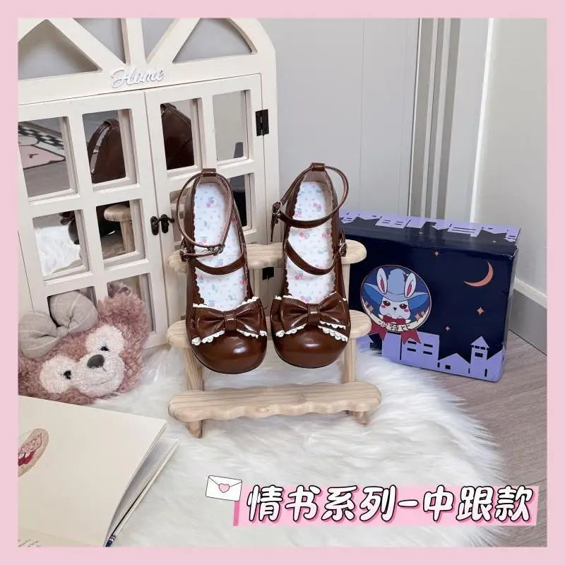 Japanese sweet girl original lolita high heels cute round head bow low heel student versatile Mary Jane single shoes