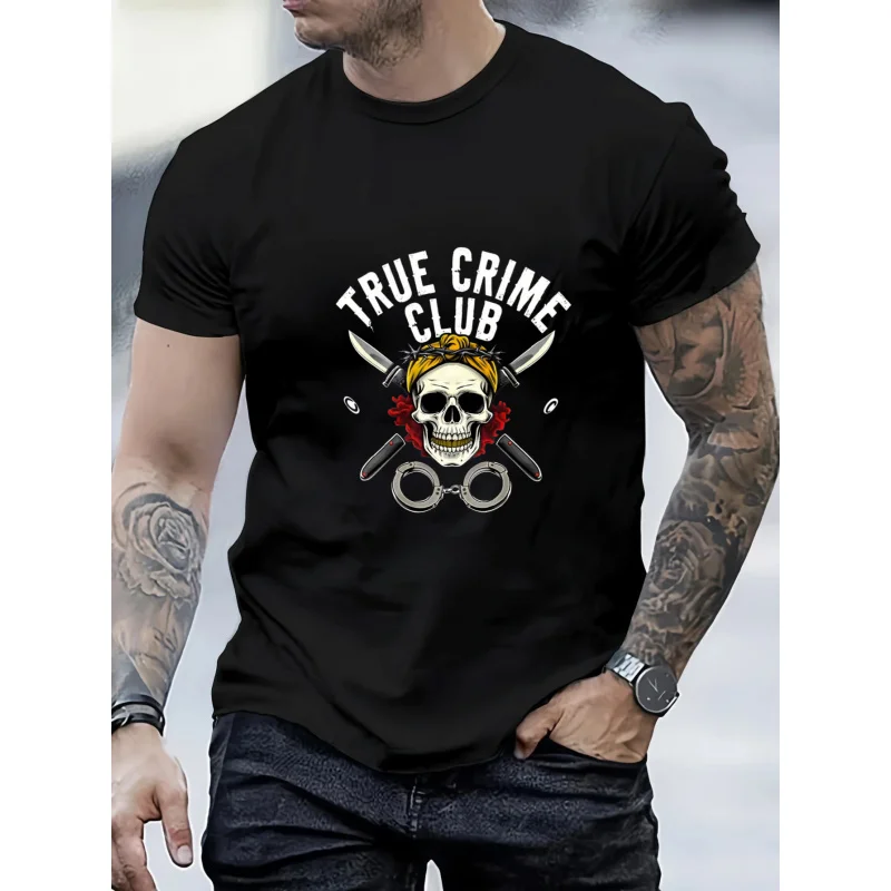 

Men's T-Shirt Black True Crime Club Skull with Knives and Handcuffs Printed High Quality Cotton 180g