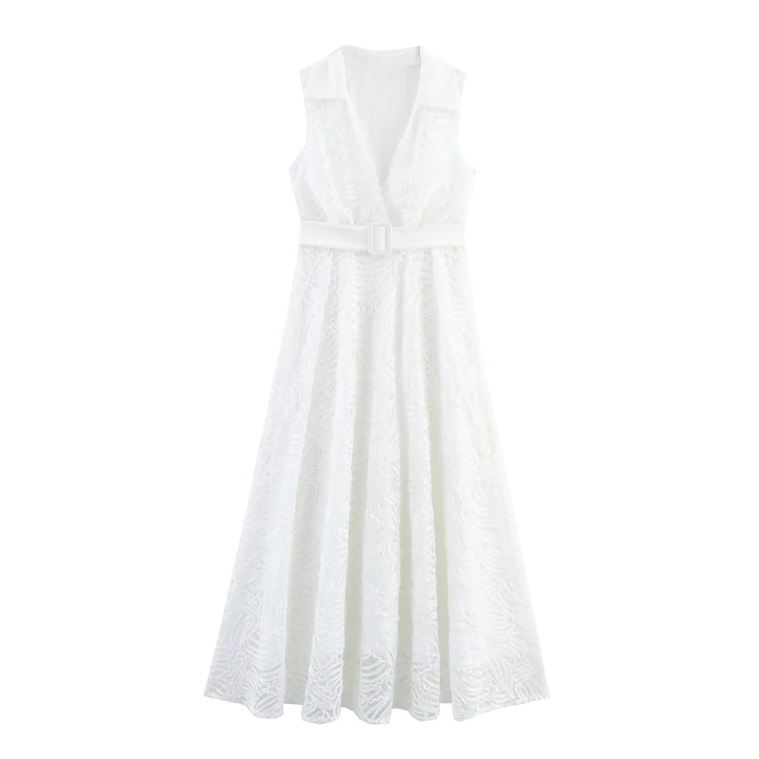 

BM&MD&ZA Womens Casual Elegant V - neck Sleeveless Mid - length Textured Dress with Belt Decoration