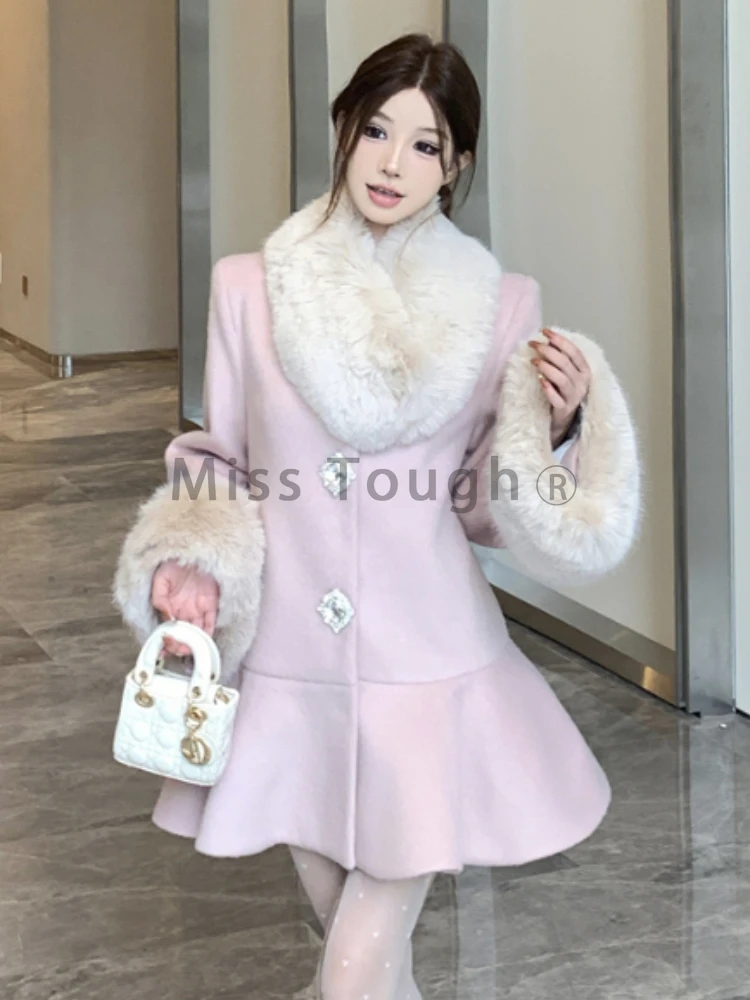 Winter France Elegant Loose Long Sleeve Coat Women High Street Chic Lint Thin Solid Long Overcoat Fashion Retro O Neck Coat New