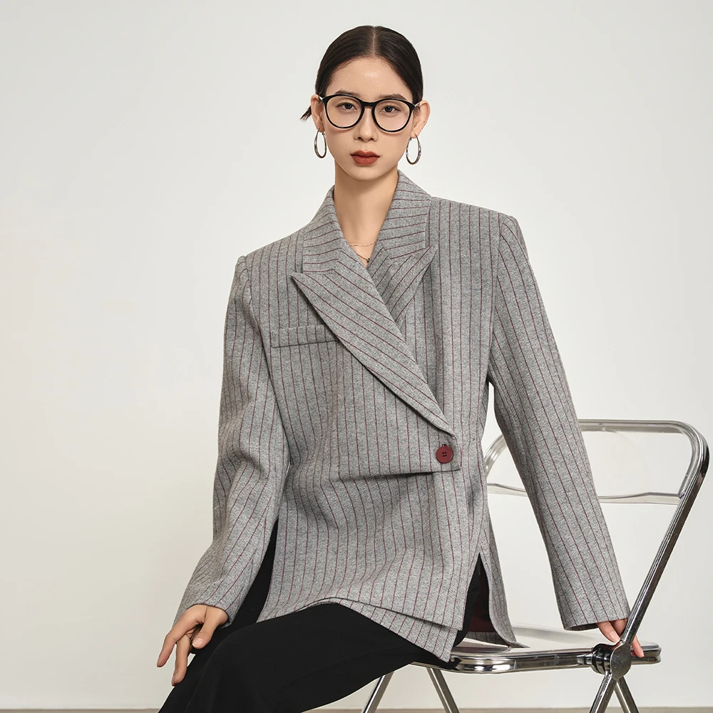 TWOTWINSTYLE Striped Printting  Asymmetrical Chic Blazer For Women Notched Collar Long Sleeve Slimming Blazer Female Clothes New