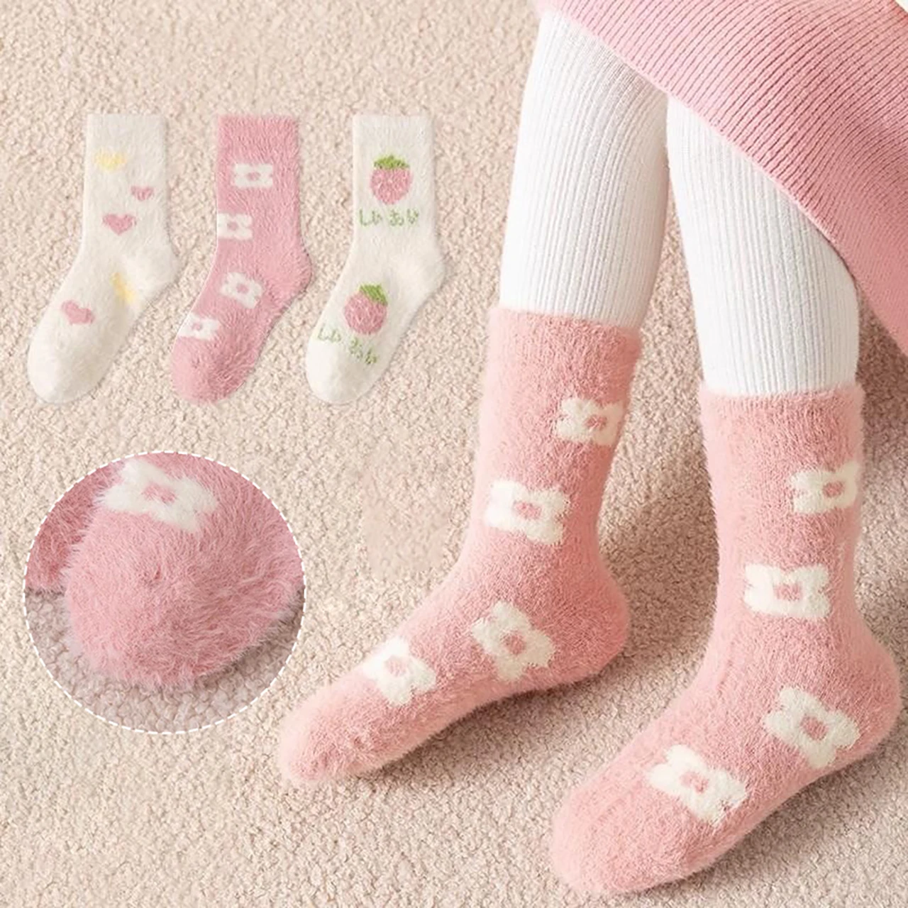

3Pair Pink Flower Plush Sock Baby Girl Velvet Middle Tube Socks Thicken Warm Kids Sleep Socks 3-12Year Children Thermal Footwear