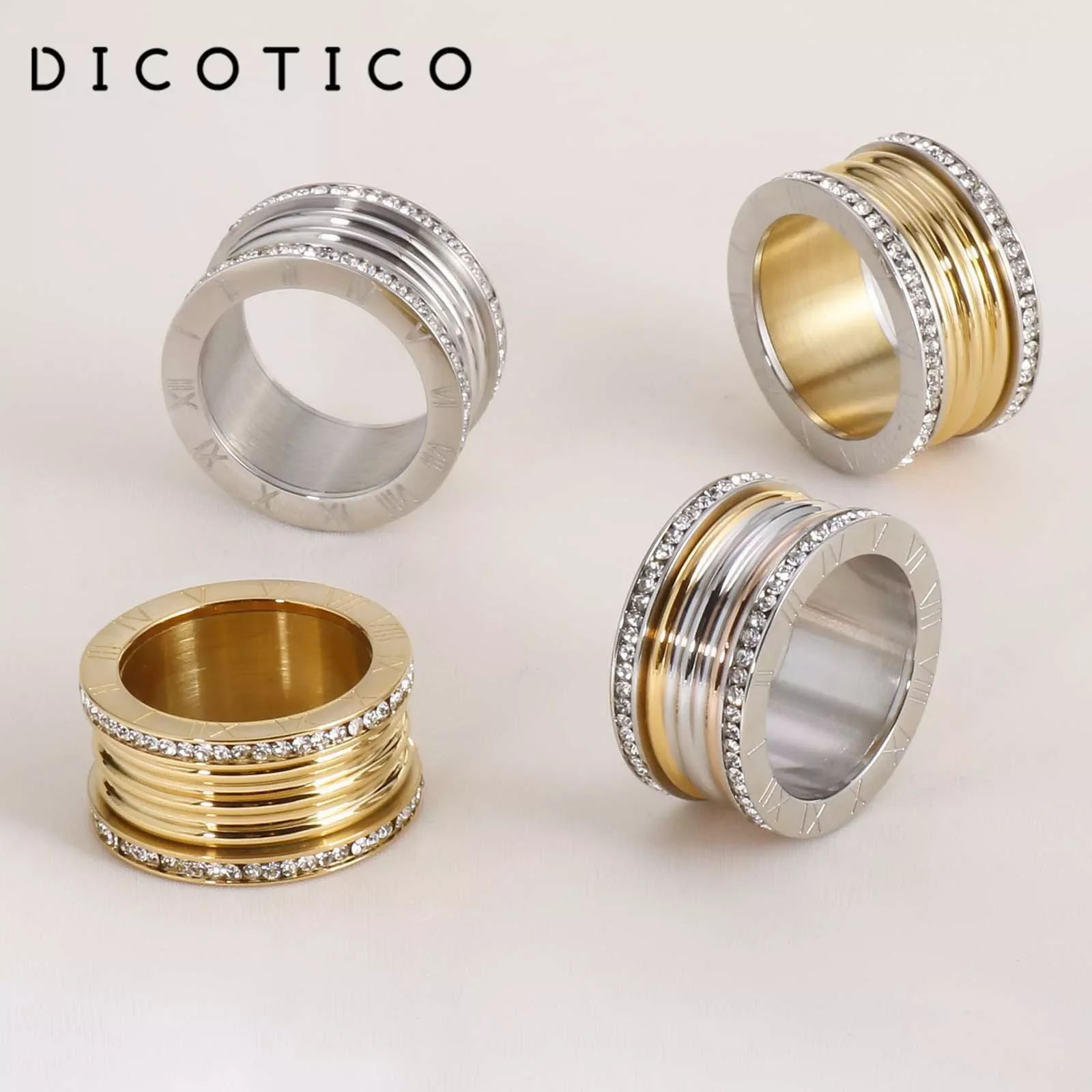 Women Gold Color Rings Knuckles Cubic Zircon Stainless Steel Roman Numerals Heavy Rings for Women Trendy Wedding Jewelry Gifts