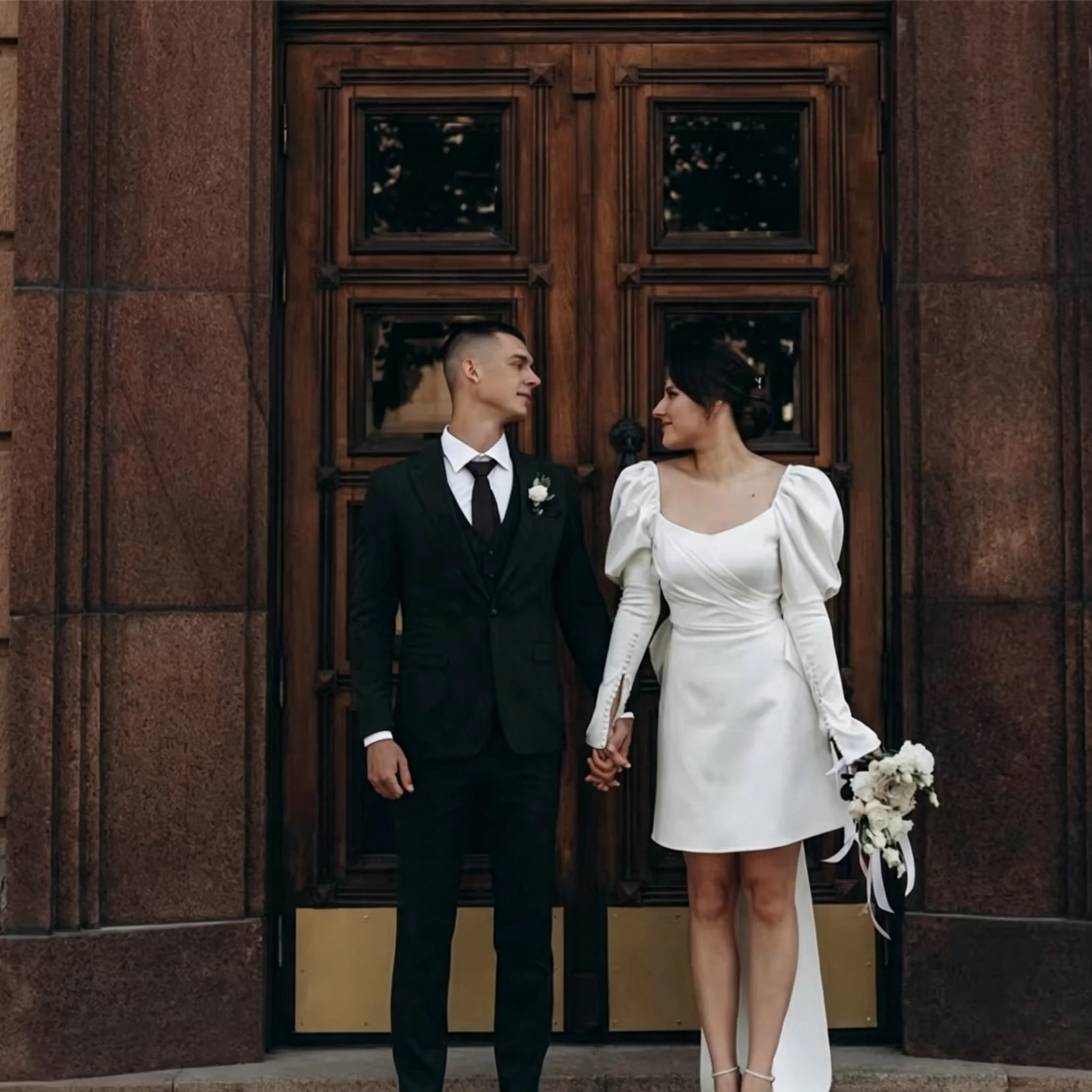 Puff Long Sleeve Satin Mini Wedding Dress Detachable Train Big Bow Short Bridal Gown Civil Wedding Elopement Engagement Bridal