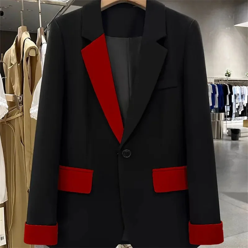 

Black Contrast Stitching Suit Jacket Spring And Autumn 2024 Advanced New Women Blazer Casual Fashion Jacket Suit Woman