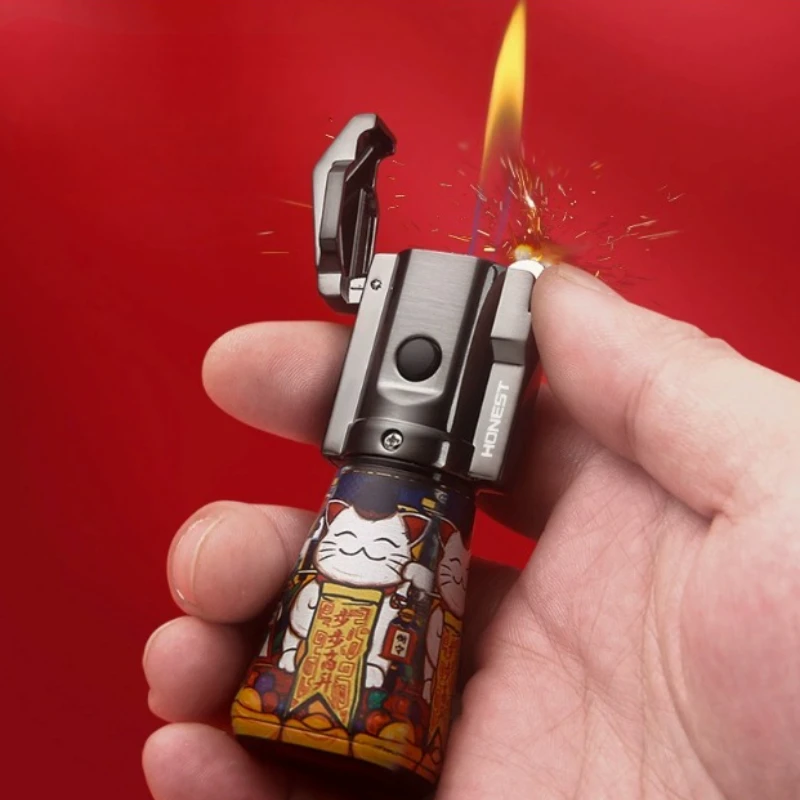 

Windproof Double Fire Conversion Grinding Wheel Lighter Metal Lucky Cat Double Fire Cigar Lighter Open Flame Inflatable Lighter