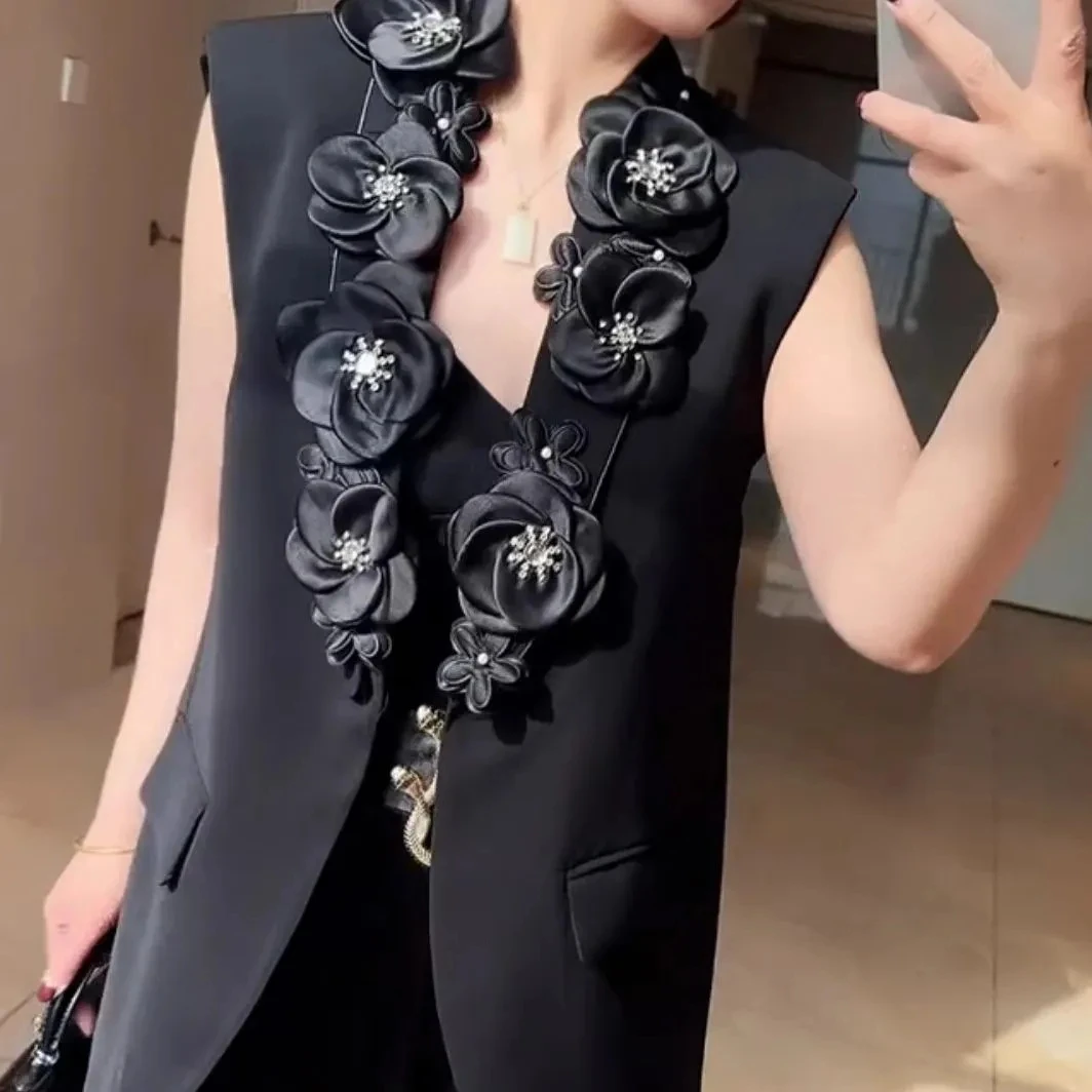 2026 New Black Small Fragrance 3D Flowers Vest Coat Women Sleeveless Office Lady Jacket High End Fashion Summer Outwear