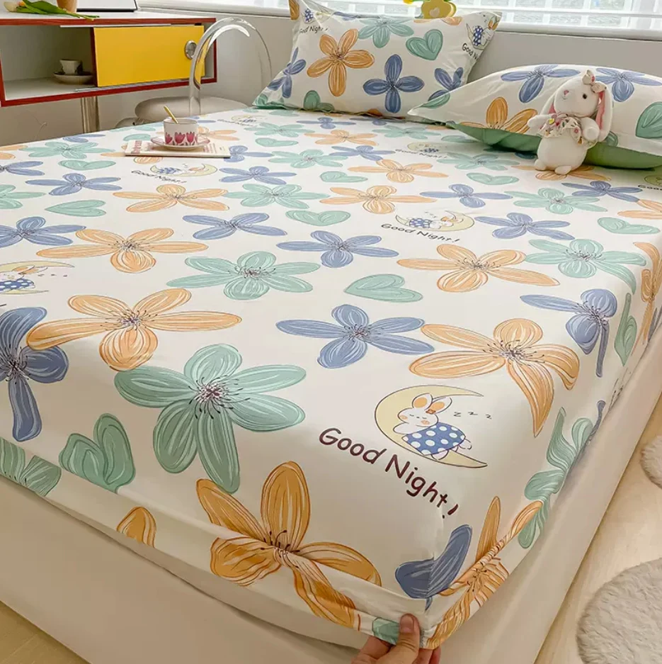 100% Cotton Fitted Sheet with Elastic Band + 2pcs Pillowcase Extra Deep Pocket 20 inch 50cm Deep Flower Printed Mattress Cover