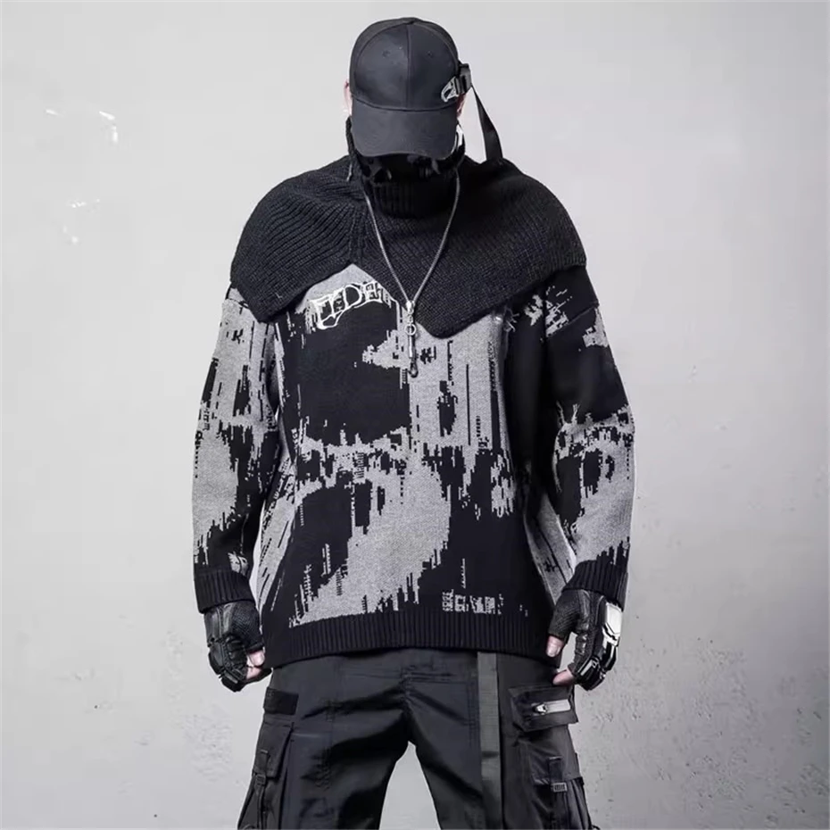 Mens Knitted Sweater Streetwear Hip Hop Punk Graffiti Print Pullover Men Oversized Harajuku Vintage Loose Casual Sweaters Male