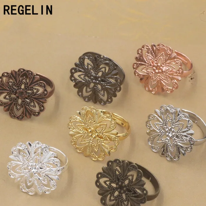 REGELIN Adjustable Antique Bronze Hollow Flower Motif Rings Round 20mm Vintage 10pcs/lot DIY Party Jewelry for Women anillos