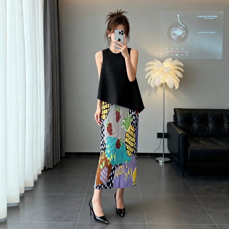 Miyake Pleated Mid-Length Skirt 2026 New Elastic Versatile Fun Comfortable Pleated Graffiti Print Casual Fashion Skirt Pleat