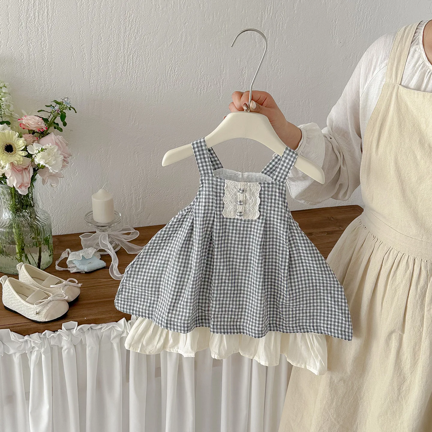 Thin Plaid Suspender Skirt for Infants and Young Children Summer New Baby Girl Foreign Style Dress Two-piece Vest Skirt