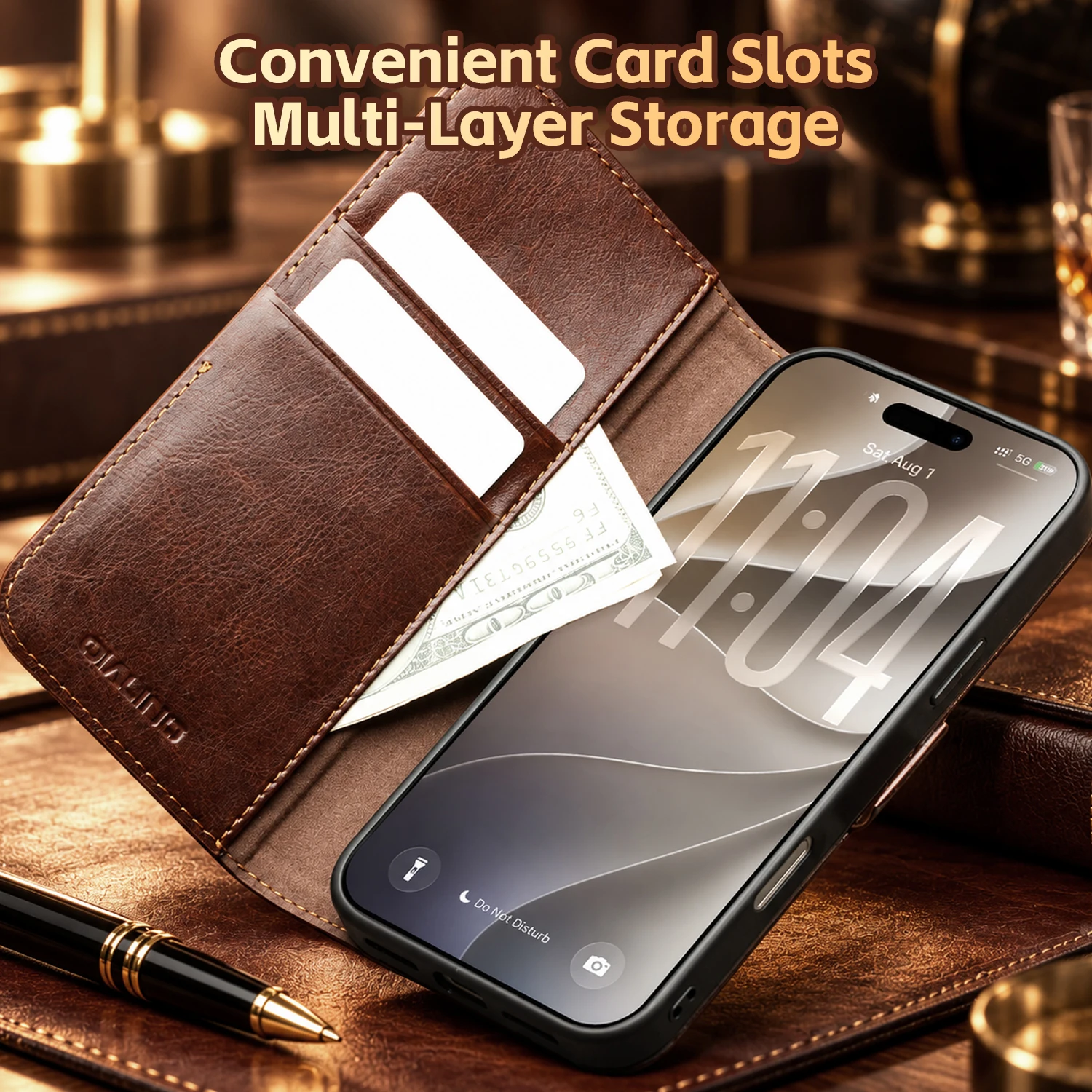 Vintage Genuine Leather Flip Wallet Case for iPhone 18 Pro Max 18 Pro with Card Slots Cash Pocket Kickstand and Magnetic Closure - view 4