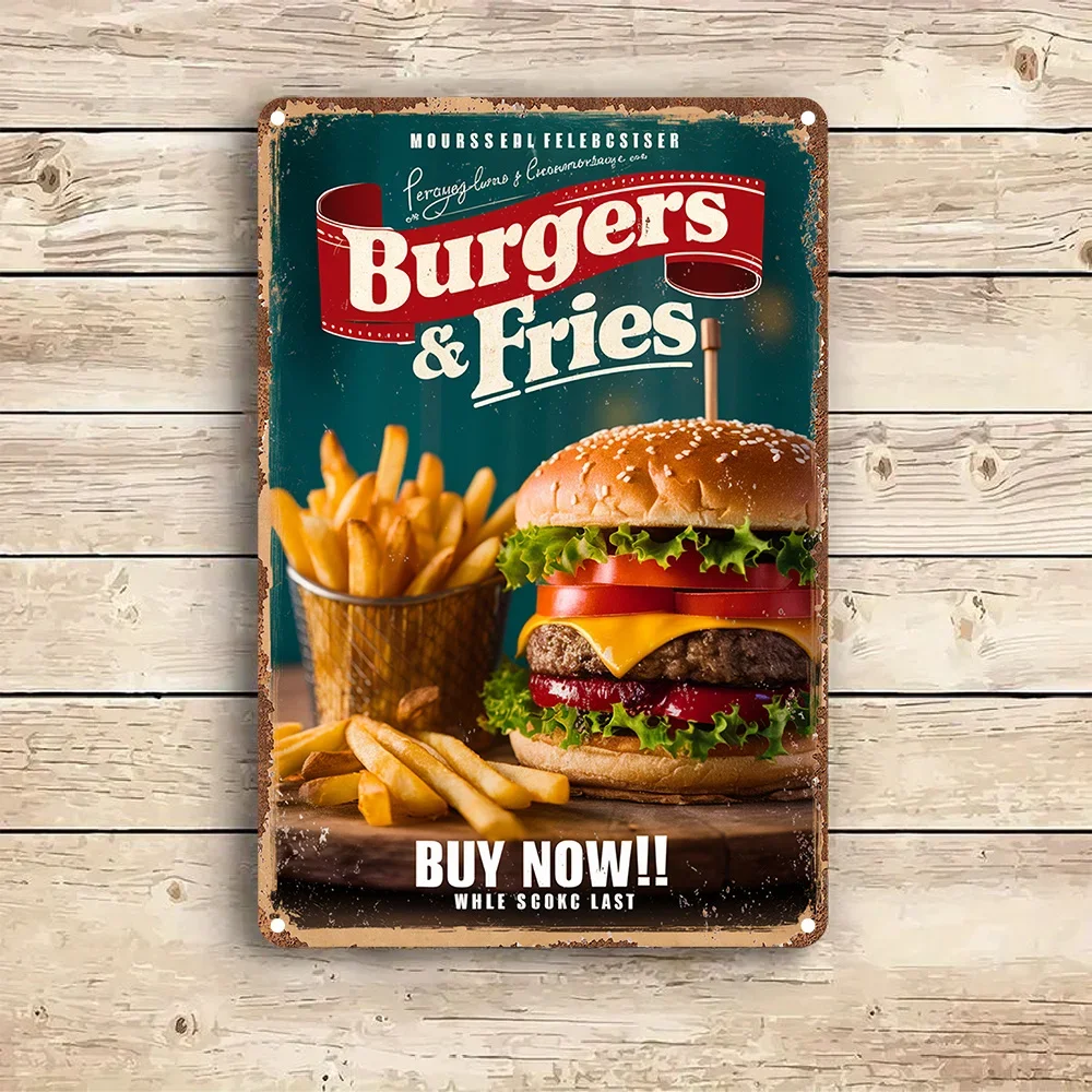 Vintage Metal  Sign Wall Art Decor, Aluminum Foil Engraved Plaque for  Christmas Decoration - Burgers & Fries Advertisement