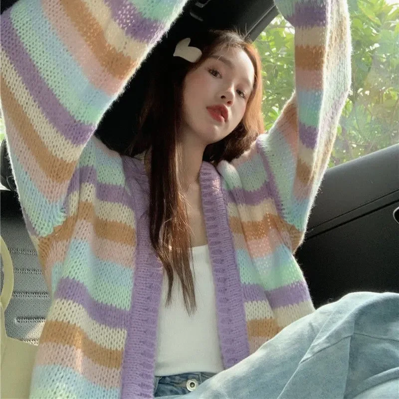 Women Loose Rainbow Striped Knit Cardigan Long Sleeve Casual Design Sweater Coat For Autumn