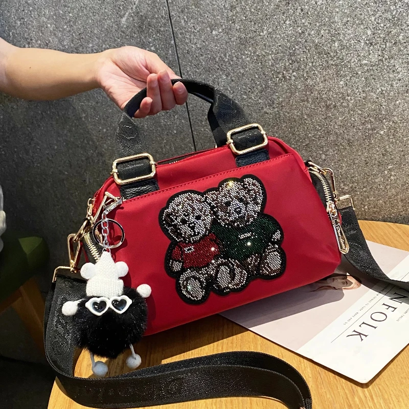 2025 New Fashion Women Handbag Summer Multi Pocket Shoulder Bag Waterproof Oxford Rhinestone Bear Sac