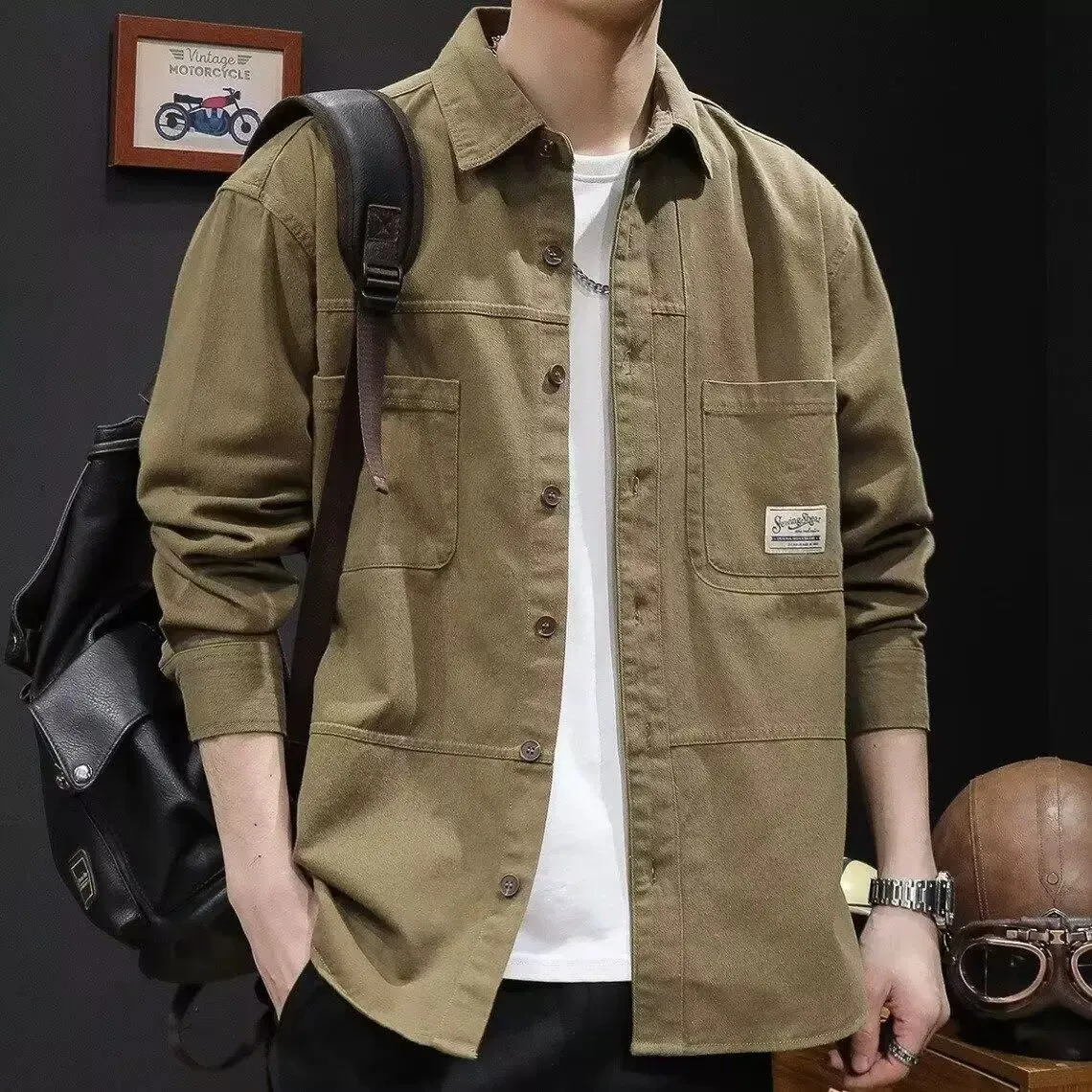 Wear Resistant Long Sleeve Shirt Men's Loose Fit Collared Workwear Casual Style Polyester Fiber Spring Autumn Seasonal Outerwear