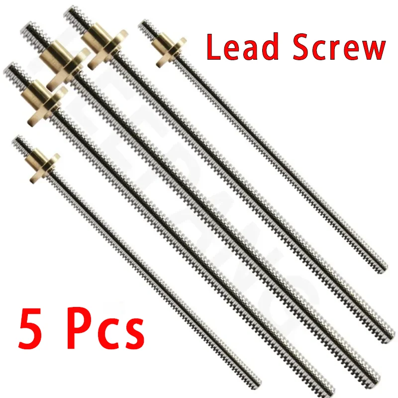 5szt Śruba pociągowa T8 OD 8mm Skok 2mm 2mm 100mm 200mm 300mm 400mm 500mm Śruba pociągowa z mosiężną nakrętką Reprap Części do drukarek 3D