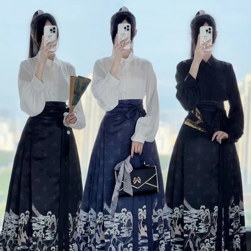 Improved daily horse face skirt set top commuting new Chinese Ming style Hanfu high waisted Chinese style Hanfu dress