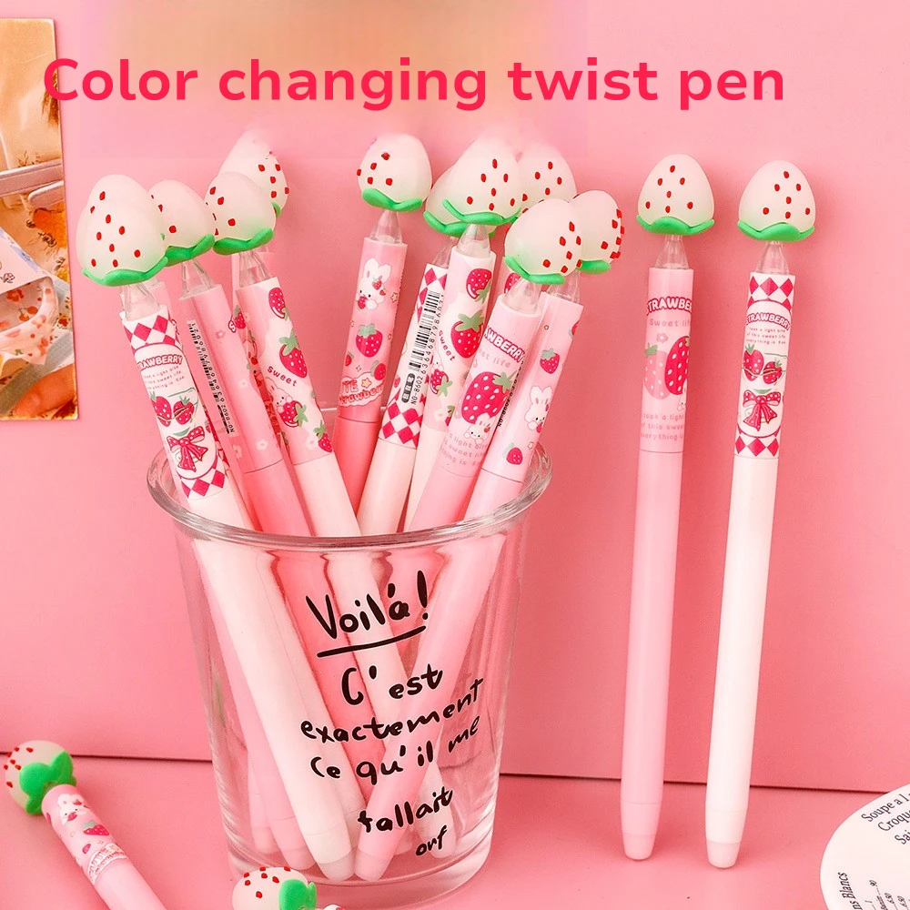 10Pcs/Lot Cute Cartoon Color-changing Strawberry Twist Gel Pen 0.5mm Blue Erasable Ink Writing Supplies School Office Stationery