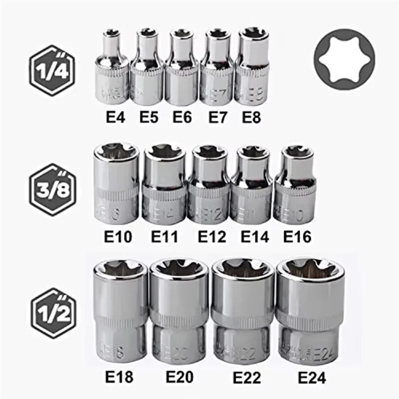 

A02M-14PCS Набор головок E Star Torx с внутренней шестигранной головкой E4-E24 E-Torx Вставная гайка с шестигранной головкой