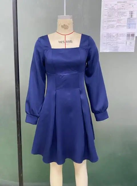 فساتين نسائية 2025 ربيع جديد فستان بأكمام طويلة رقبة مربعة الخصر Cinching سليم يوميا عادية ألف خط فستان قصير #5