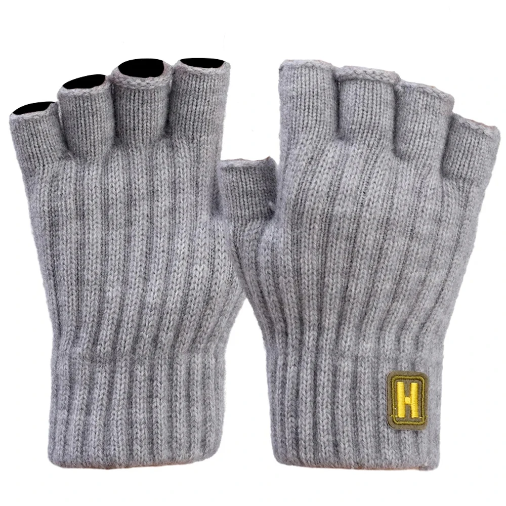 

New Autumn And Winter Knitted Warm Half Finger H-label Gloves With Sliding Screen Fashion Men's Sports Mittens Warmth Cold-proof