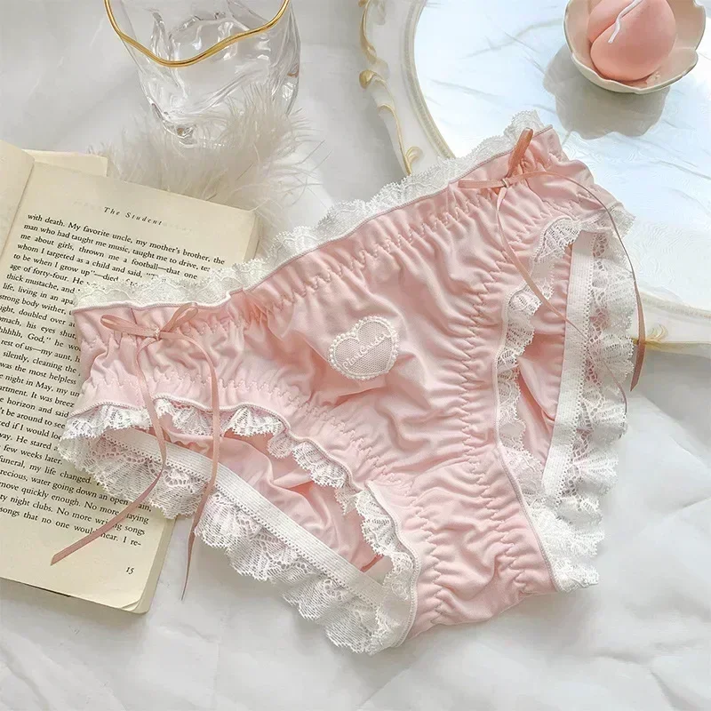 Japanese Style Panties Love Lace Cute Girl Ice Silk Hip Lift Sexy Female Bow Mid-waist Briefs Comfortable Seamless Women Briefs