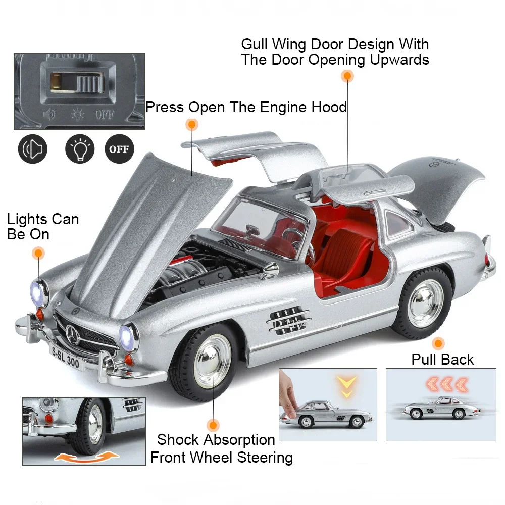 Modellspielzeug im Maßstab 1:24, 500K 300SL, Miniatur-Vintage-Autos, Legierung, Druckguss, Sound, Licht, Türen geöffnet, zurückziehbar, Sammlung, Fahrzeugspielzeug