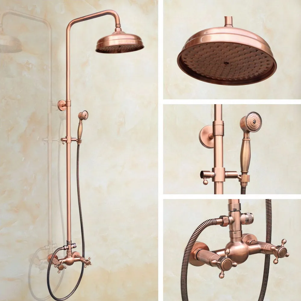 

Antique Red Copper Brass Dual Cross Handles Bathroom 8 Inch Round Rain Shower Faucet Set Mixer Tap Hand Shower mrg521