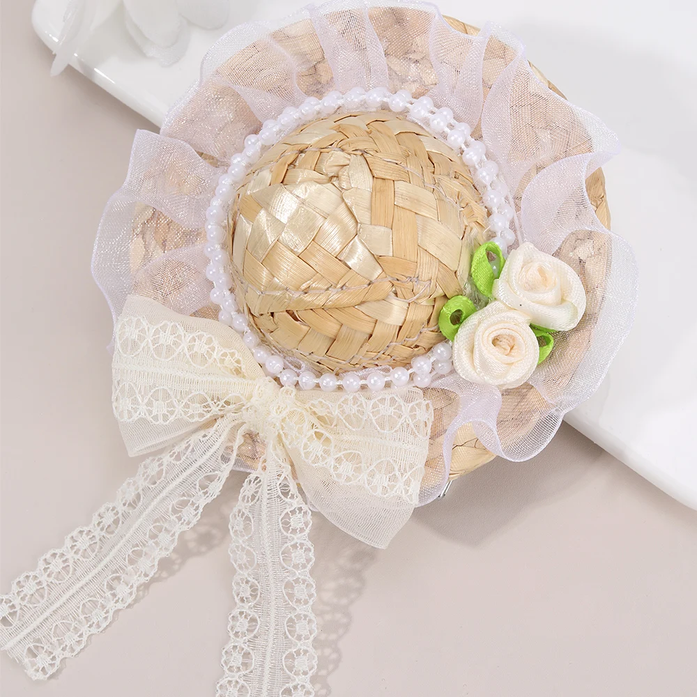 جديد قبعة القش الصغيرة مشبك شعر الحلو زهرة القوس دبوس الشعر اليدوية باريت للفتيات النساء الصيف الشاطئ بوهو غطاء الرأس الملحقات #6