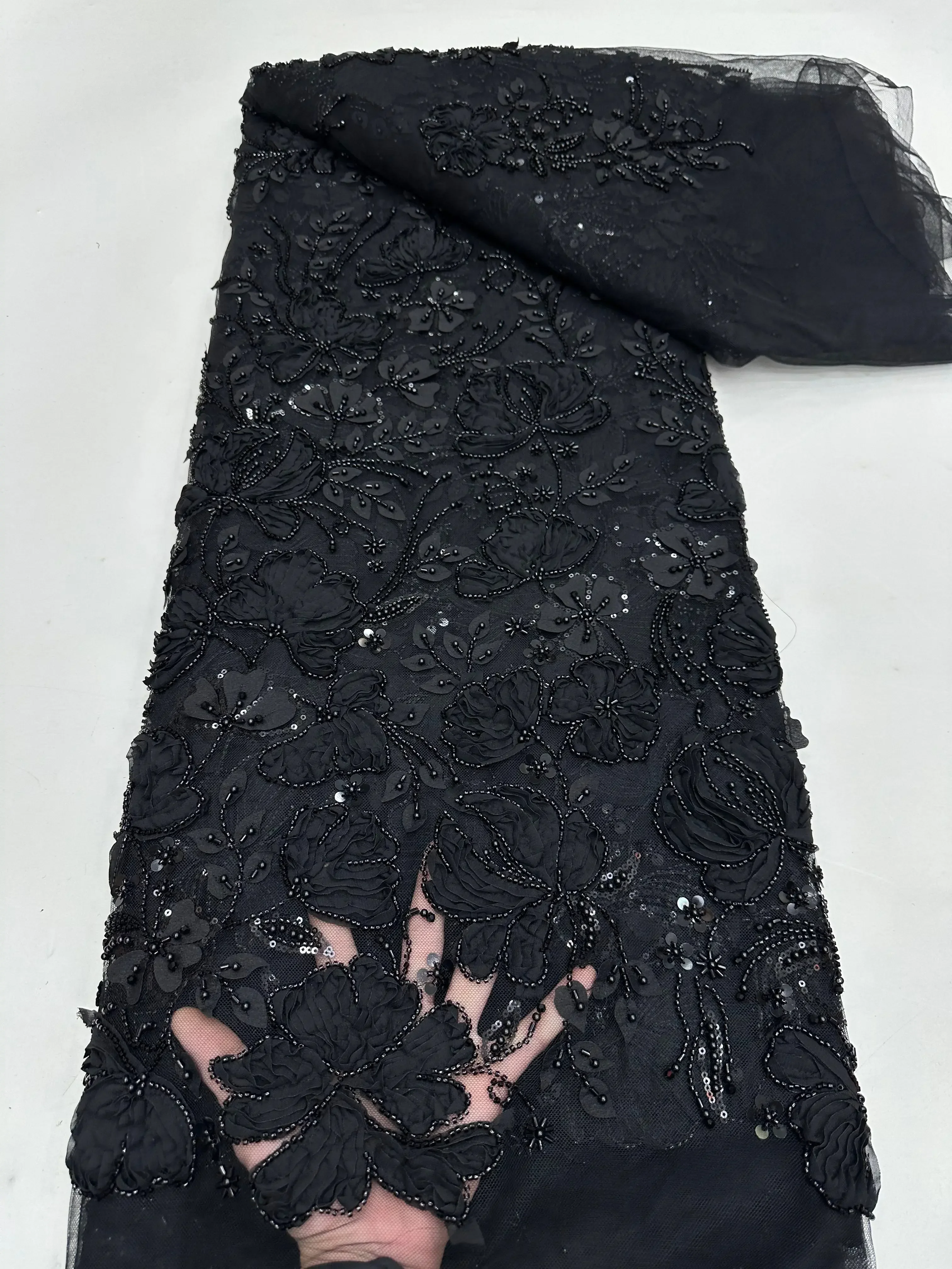

African Lace Fabric 2025 High Quality French 3D Flower white Embroidery Beads Tulle Lace Fabric For Party Dress SZ754