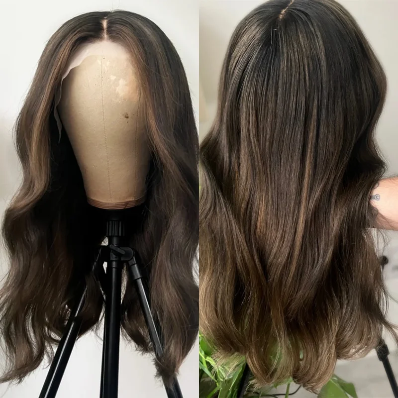 Middle Part Ombre Dark Brown Highlights Synthetic HD Lace Front Wig for Women Small Larhe Size Cap High Quality Glueless Wig
