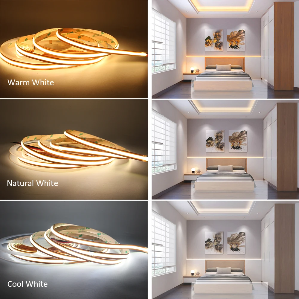 Imagem -03 - Cob Led Strip Light Iluminação Linear Cortável Livre Fcob Flex Ribbon Cabinet Bar Decor 12v 24v 5m mm Pcb 3000k 4000k 6000k Barra