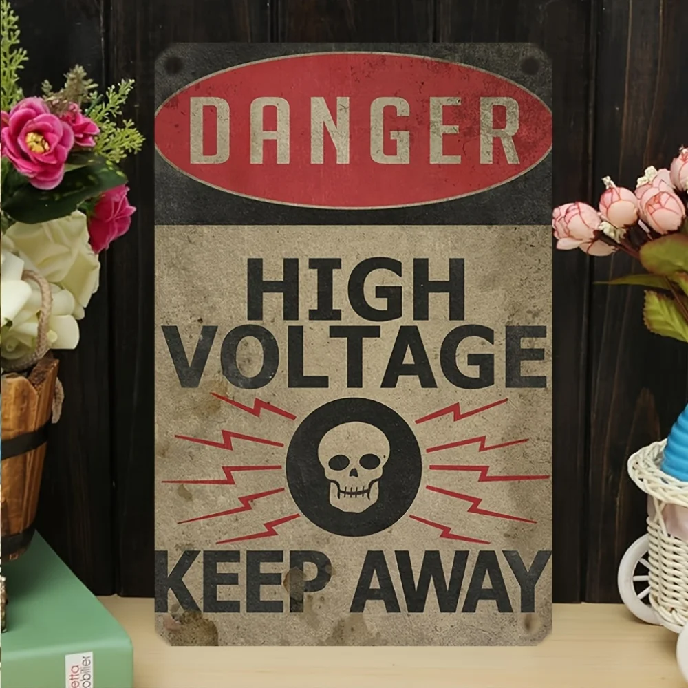 Retro High Voltage Hazard Sign with Skull and Bolt Design - , Rustic Red Black Wall Decor, Suitable for Garage, Office or Elect