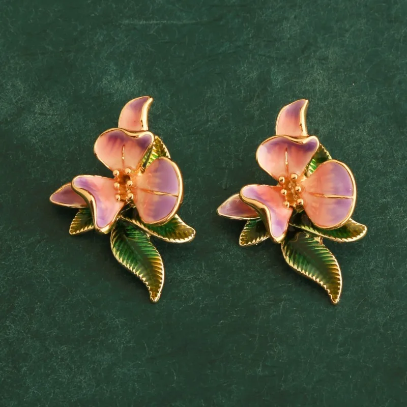 

Enamel Petals and Leaves 925 Sterling Silver Needle Earrings French Retro Medieval Style Niche Light Luxury Pastoral Earrings