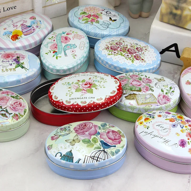 5PC European-Style Flower Metal Candy Storage Box Small Oval Jewelry Gift Packaging Box Wedding Favor Household Lovely Iron Box