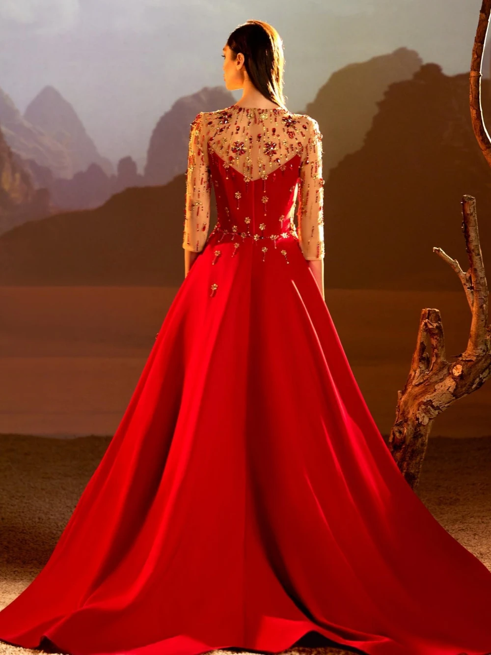 Luxurious Red Beaded Crystal Mother Of The Bride Dress For Wedding O-neck 3/4 Sleeve Evening Dress Customized Satin Prom Gown