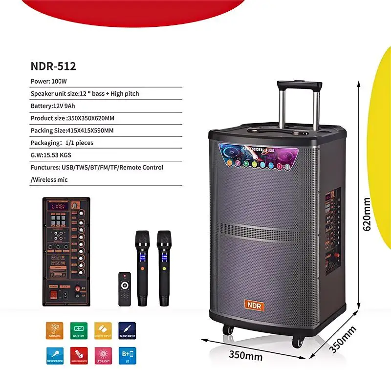 

NDR-512 Professional Audio DJ Sound Box 80W 12 Inch High-Power Trolley RGB LED Lighting Battery Powered Outdoor Parties AC BT