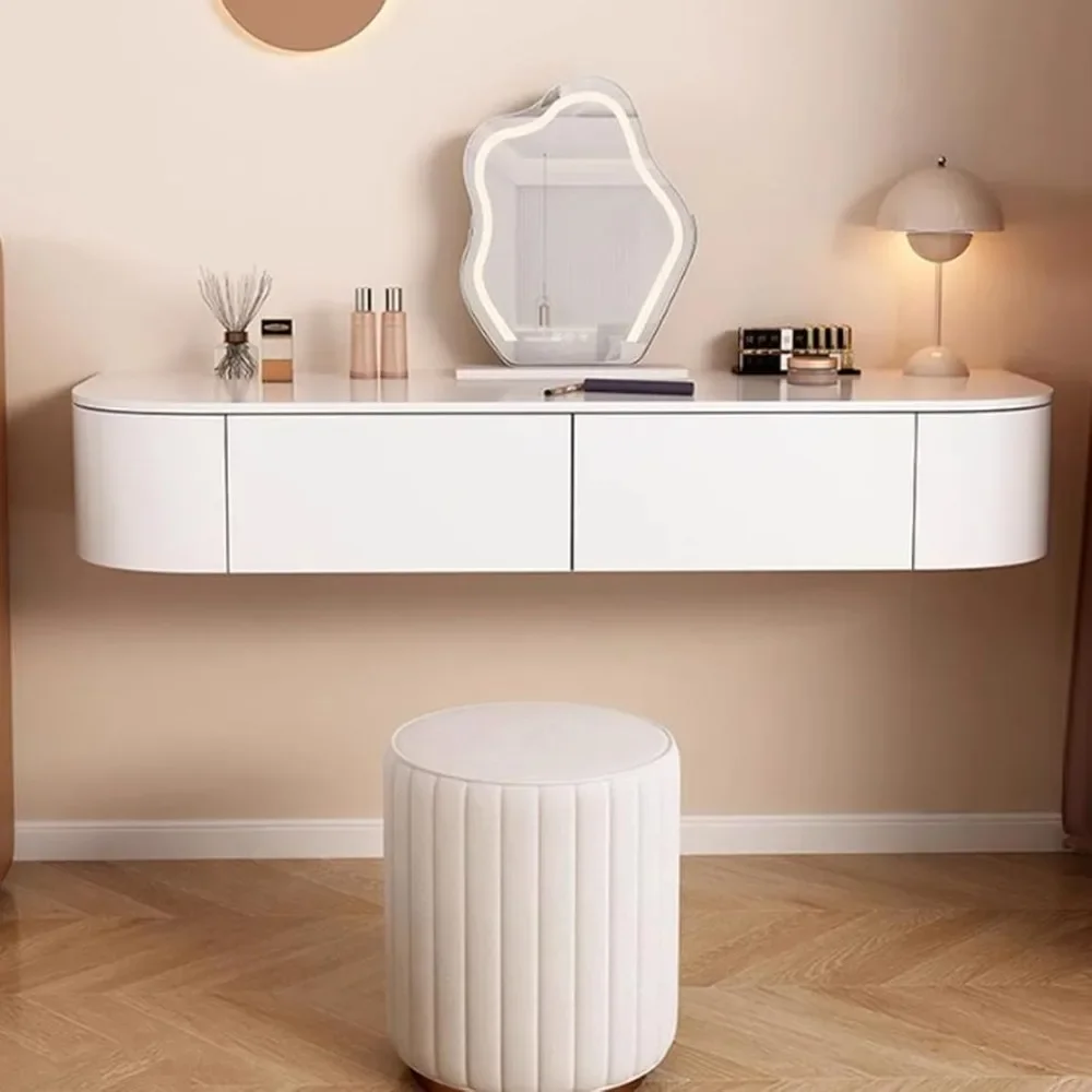 

Floating Makeup Vanity for Wall, White Corner Floating Desk Dresser, Wall Mounted Floating Dressing Table with Storage, Small Wo