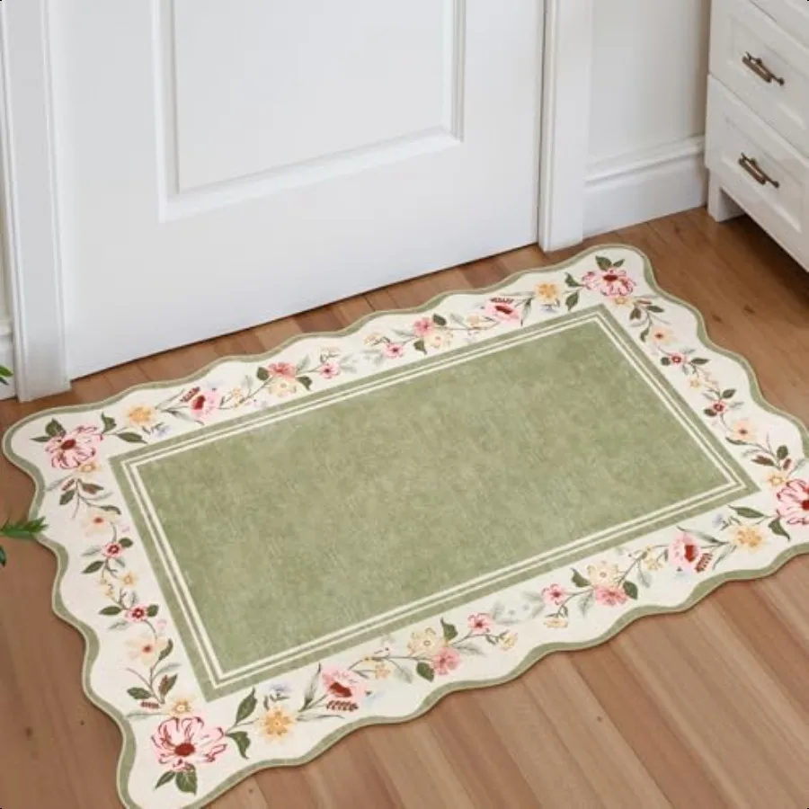 

Floral 2x3 Rug Green Kitchen Rugs UltaThin Washable Indoor Mats for Entryway NonSlip Boho Scalloped Stain Resistant Small Throw