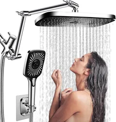 12 Inch Bathroom Shower Faucet Set 3+1 Settings Rain/Rainfall Shower Heads Height/Angle Adjustable Handheld Top Spray Showerhead