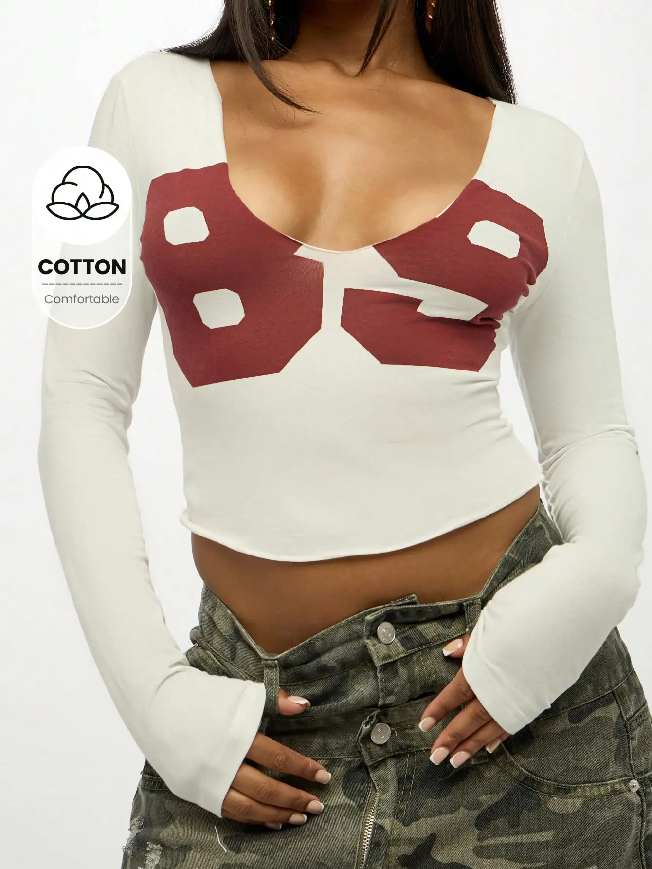 

Women's Long Sleeve Crop Top with Red Bow Print, Scoop Neck, Cotton Fit for Casual Fall Winter