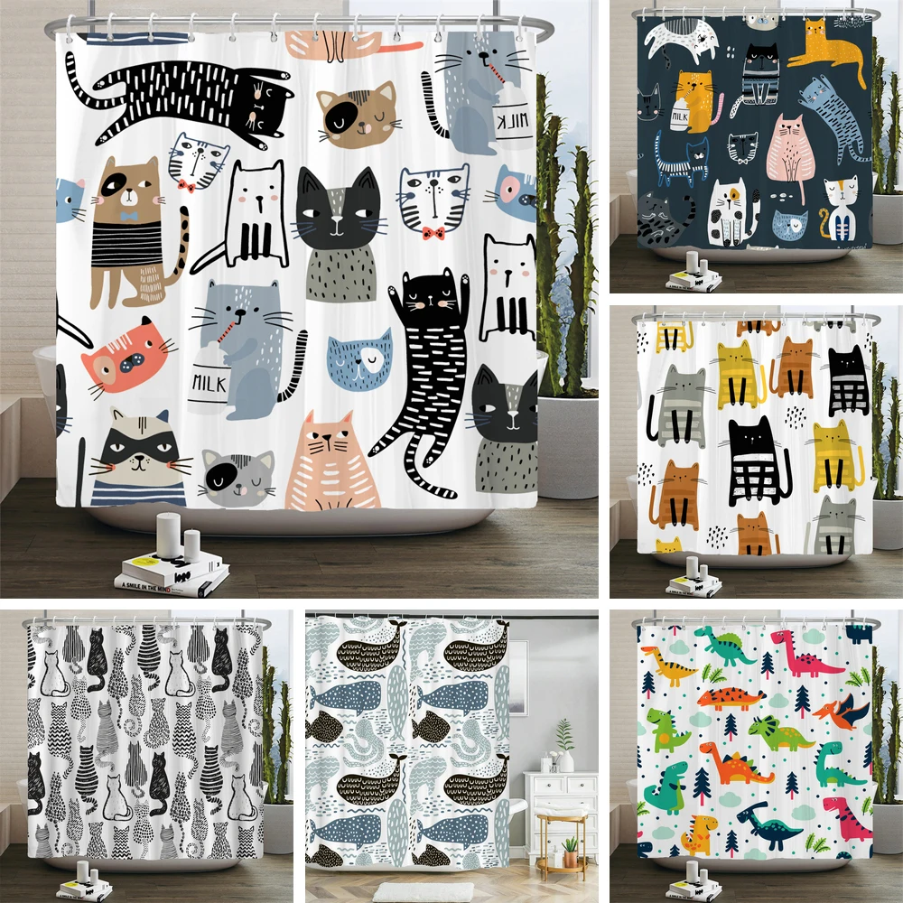 Cat Printed Shower Curtain Cartoon animal Bath Curtains Bathroom For Bathtub Bathing Cover   with 12 pcs Hooks