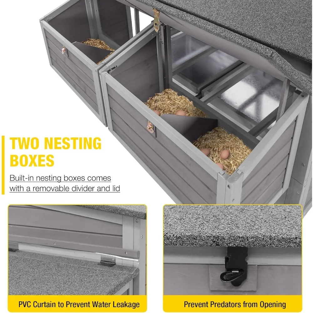 Chicken Coop Mobile Wooden Hen House with Nesting Box, Large Poultry Cage Upgrade with Strong Iron Frame