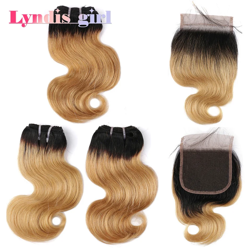 Perruque Bob Brésilienne Remy avec Closure, Cheveux Naturels Courts et Ondulés, Style Blond, 50g par Lot, 3 Lots