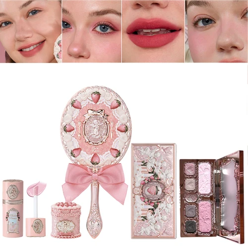 Flower Knows Labial Mate Crema Rubor Líquido Set Cupido Fresa Polvo Compacto Maquillaje Duradero Textura Aterciopelada Ligero No Transfiere