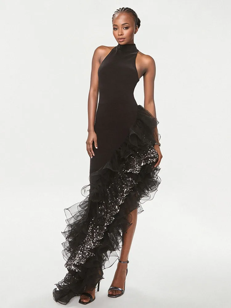

New Women Celebrity Sexy Tank Ruffles Sequins Black Maxi Long Summer Bodycon Bandage Dress 2025 Elegant Evening Club Party Dress