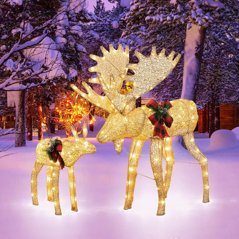 2-Piece 3D Lighted Christmas Reindeer Family, Pre-Lit Gold Christmas Decor Deer with 170 Warm White LED Lights